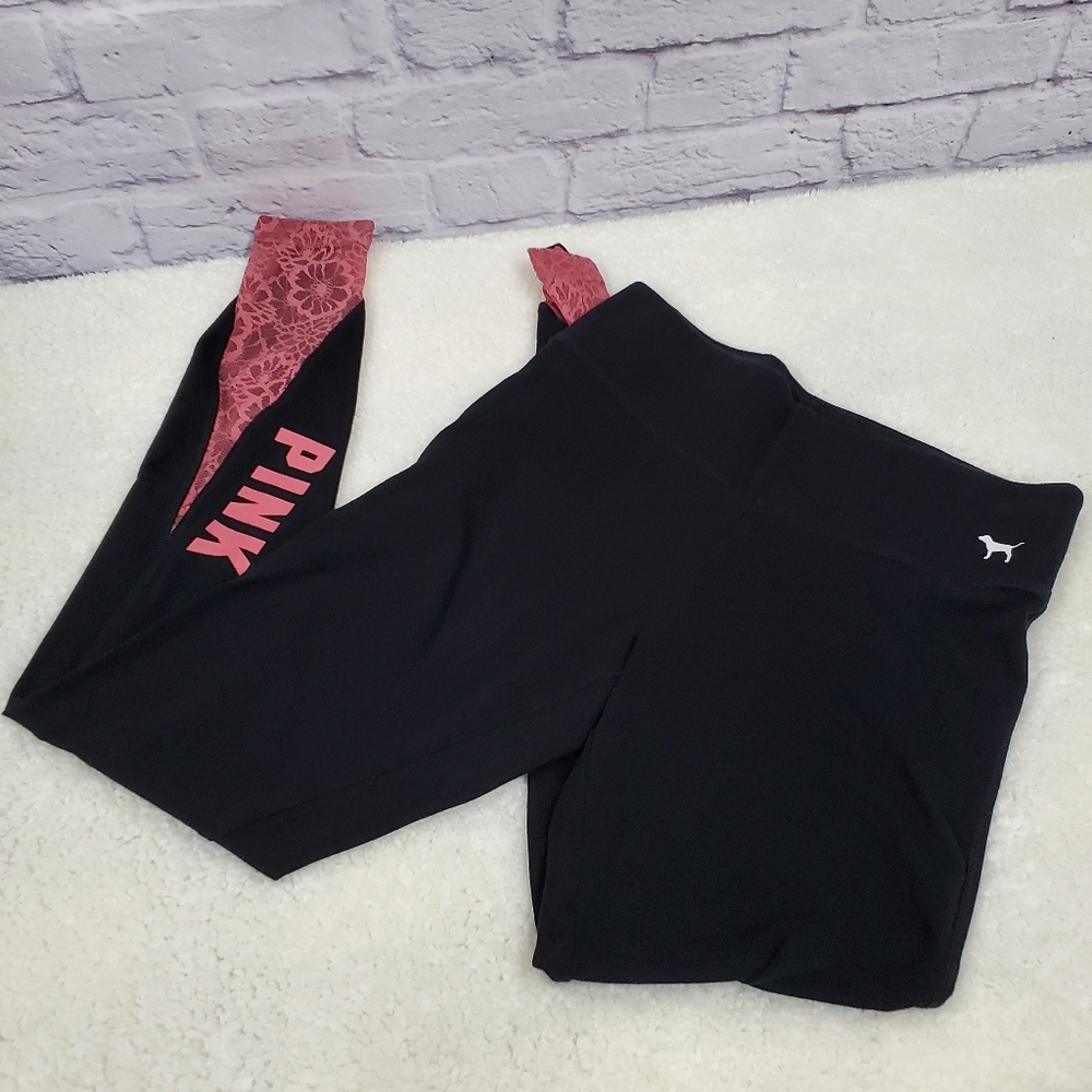 PINK Yoga Lace Leggings Black/Pink Sz Small